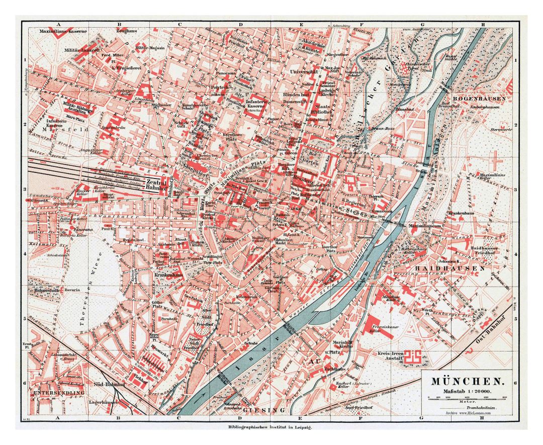 Большая детальная старая карта города Мюнхена
