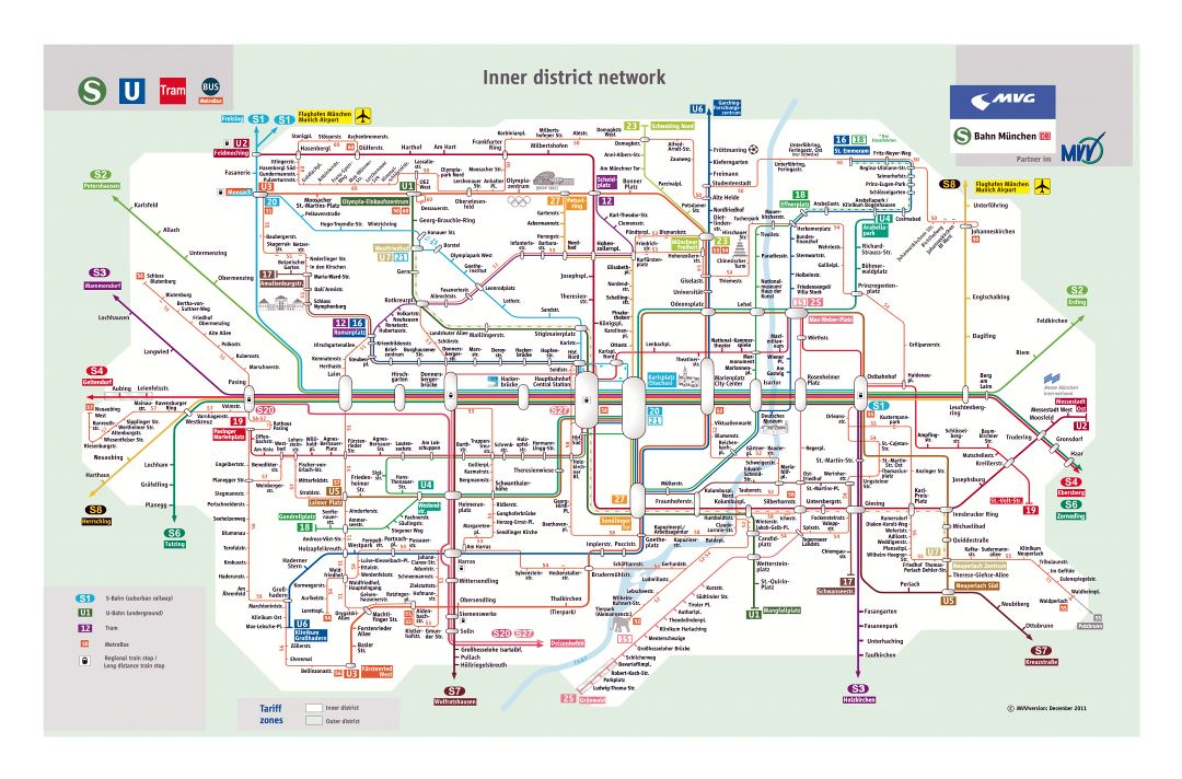 Большая детальная карта общественного транспорта города Мюнхена - 2012