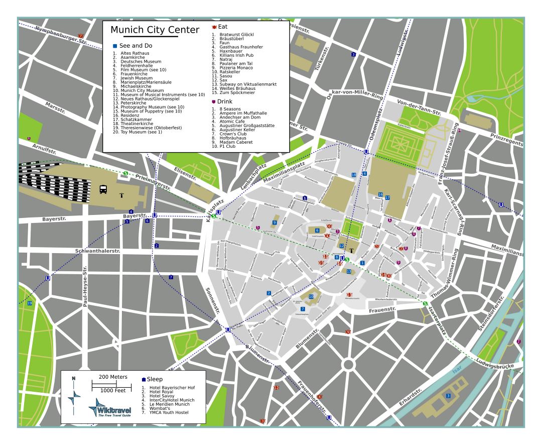 Большая детальная туристическая карта центра города Мюнхена