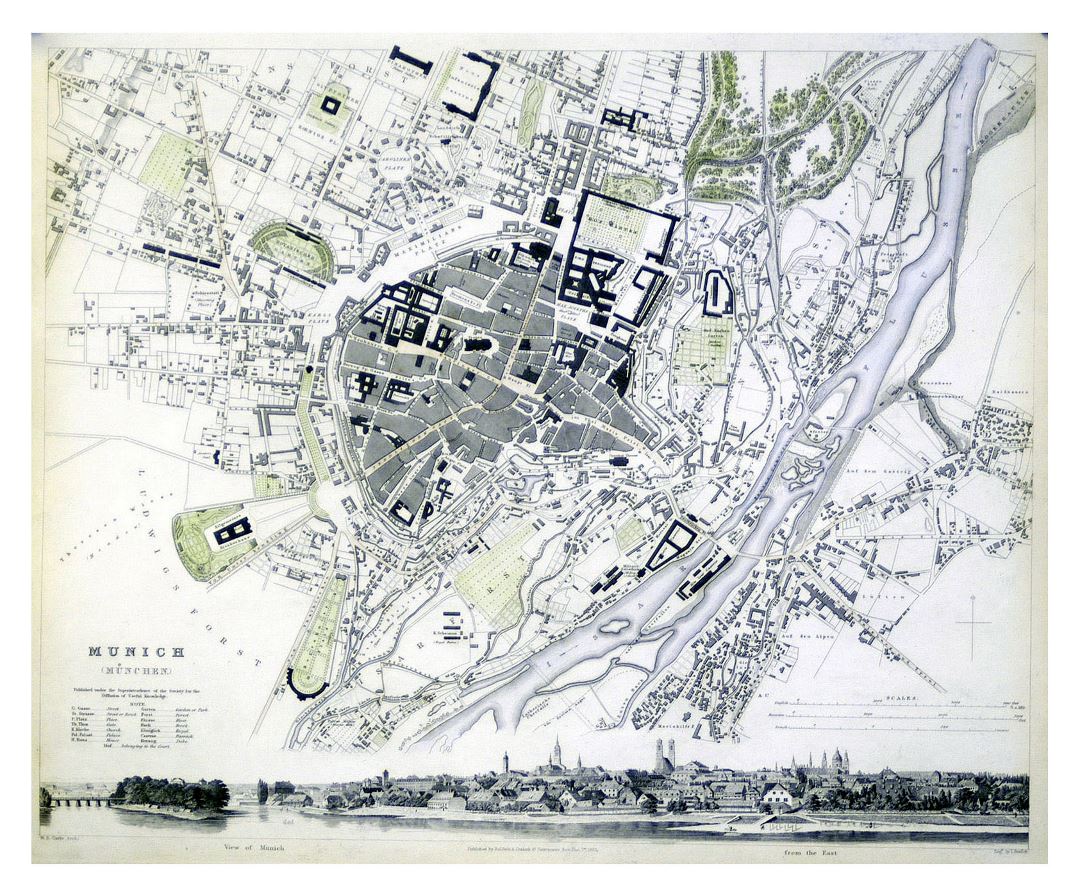 Большая старая карта Мюнхена - 1844