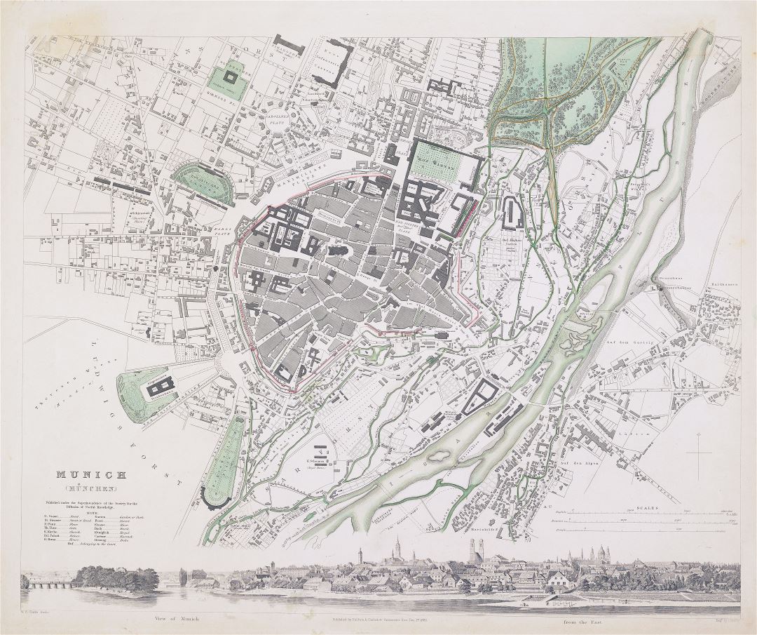 Крупномасштабная старая карта города Мюнхена - 1832