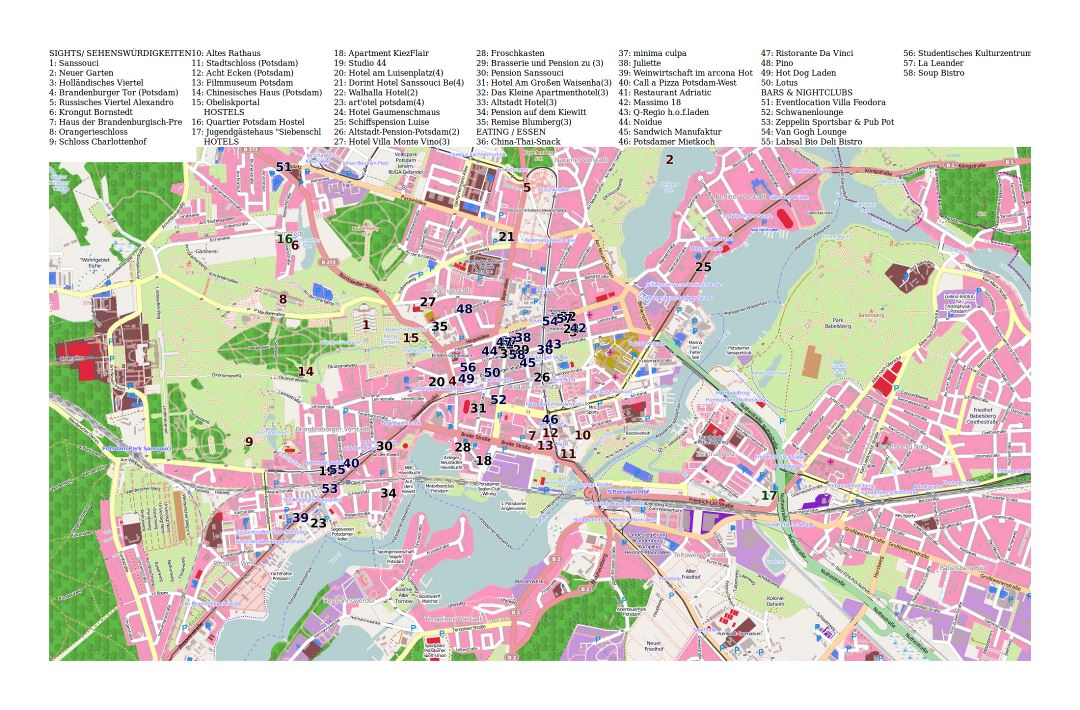 Большая детальная карта туристических достопримечательностей Потсдама