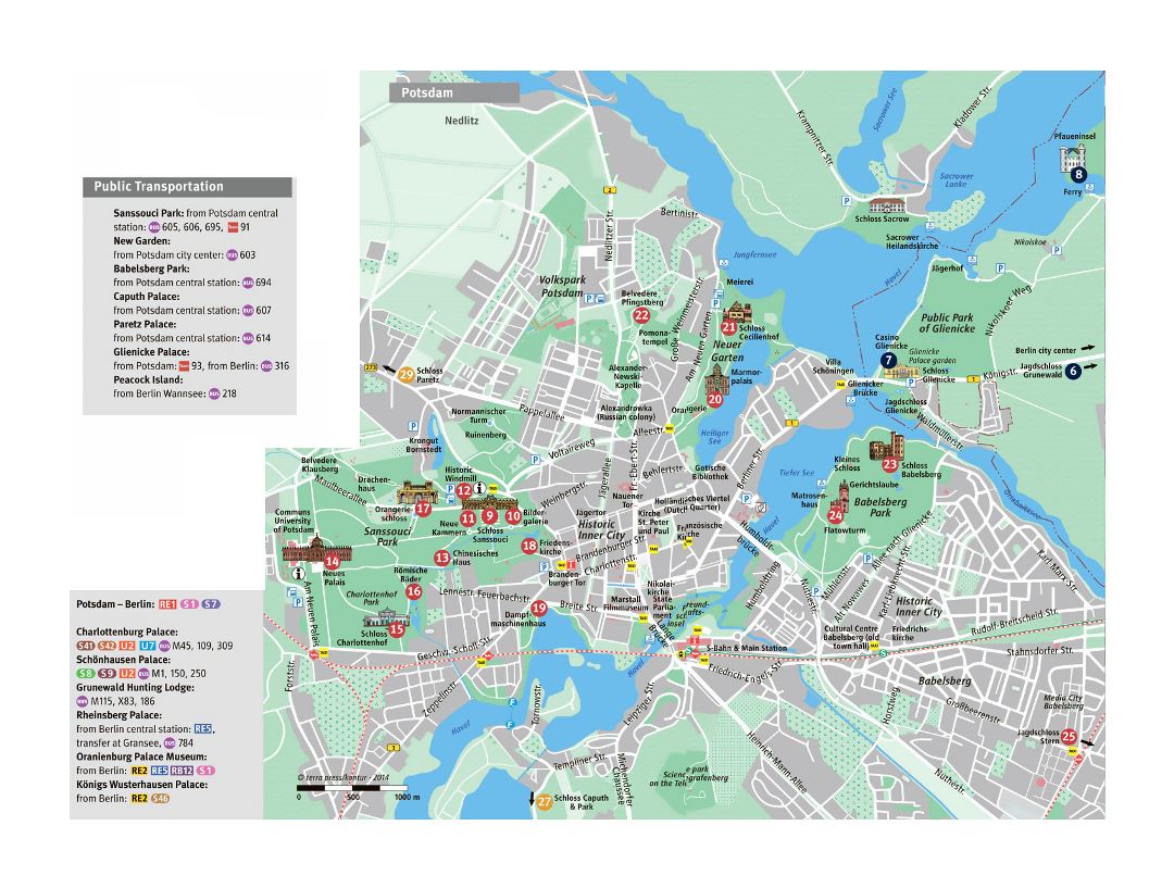 Большая карта Потсдама с общественным транспортом