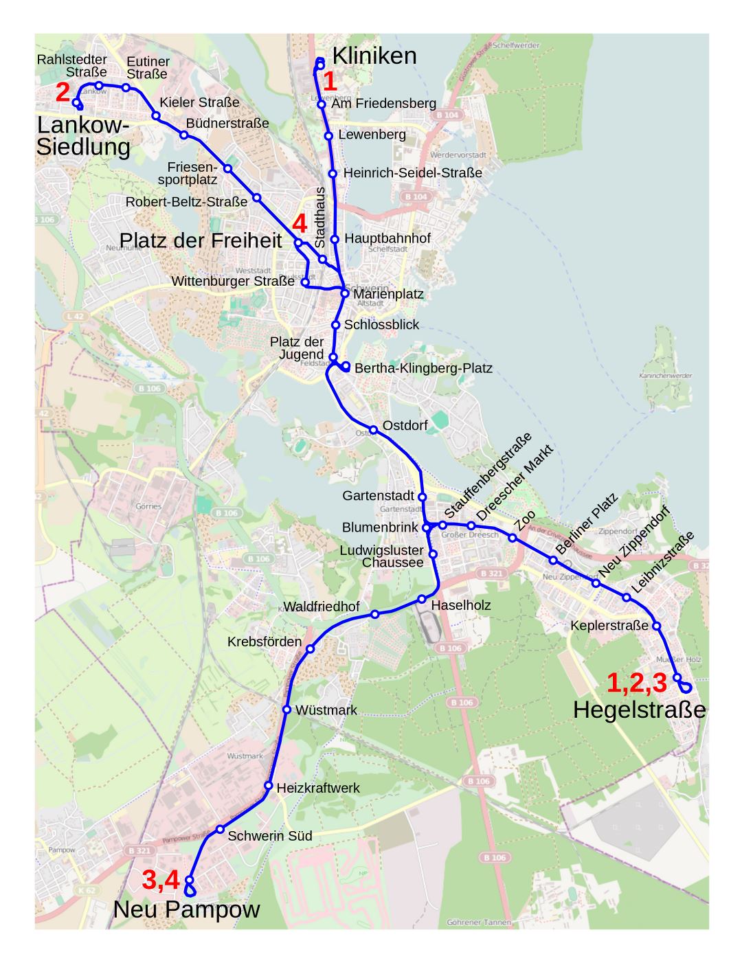 Большая детальная карта трамваев города Шверин