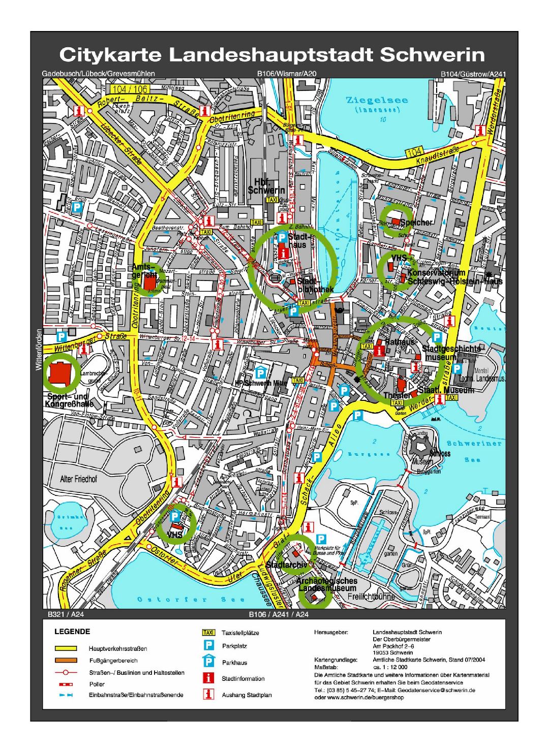 Большая детальная туристическая карта центральной части города Шверин