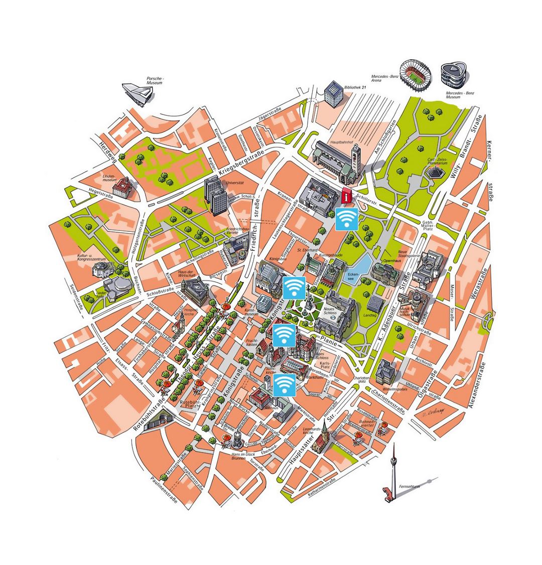 Детальная карта бесплатного WiFi центральной части города Штутгарт