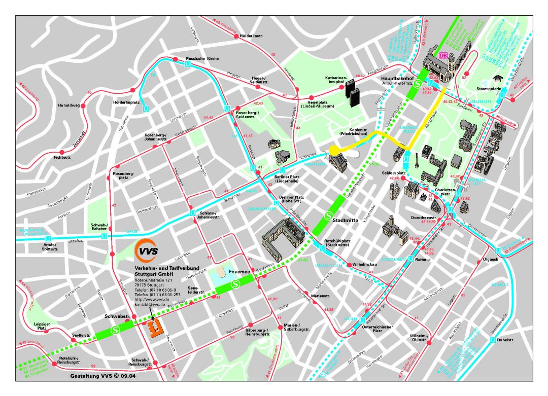 Детальная карта улиц центральной части города Штутгарт