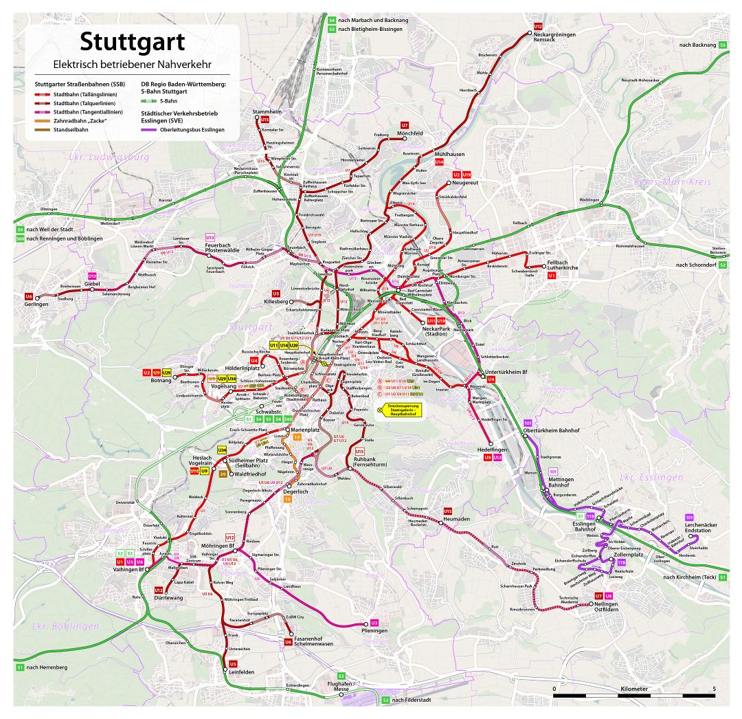 Большая детальная автобусная карта города Штутгарта