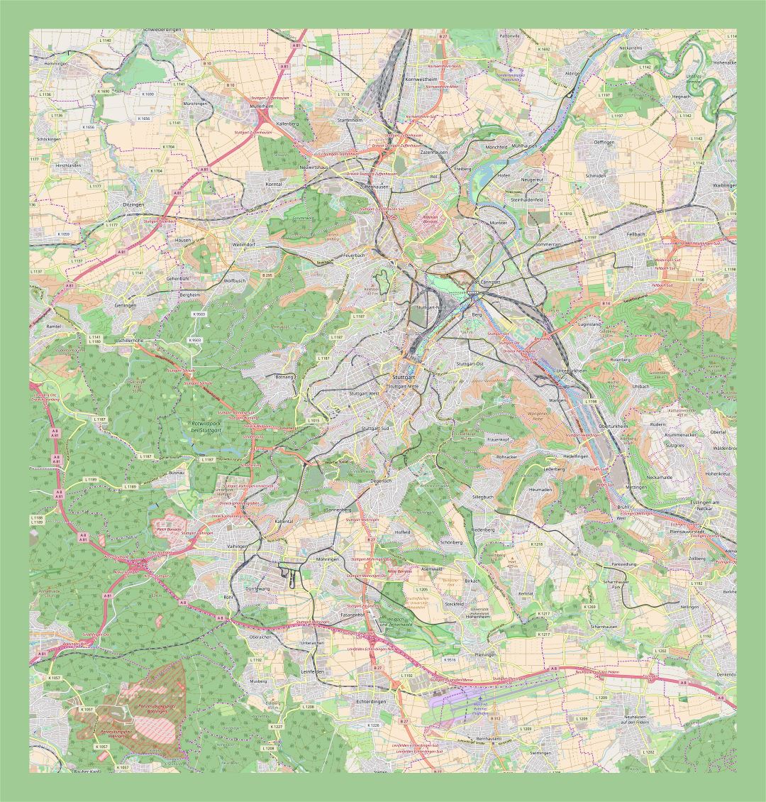 Большая детальная карта города Штутгарта и его окрестностей