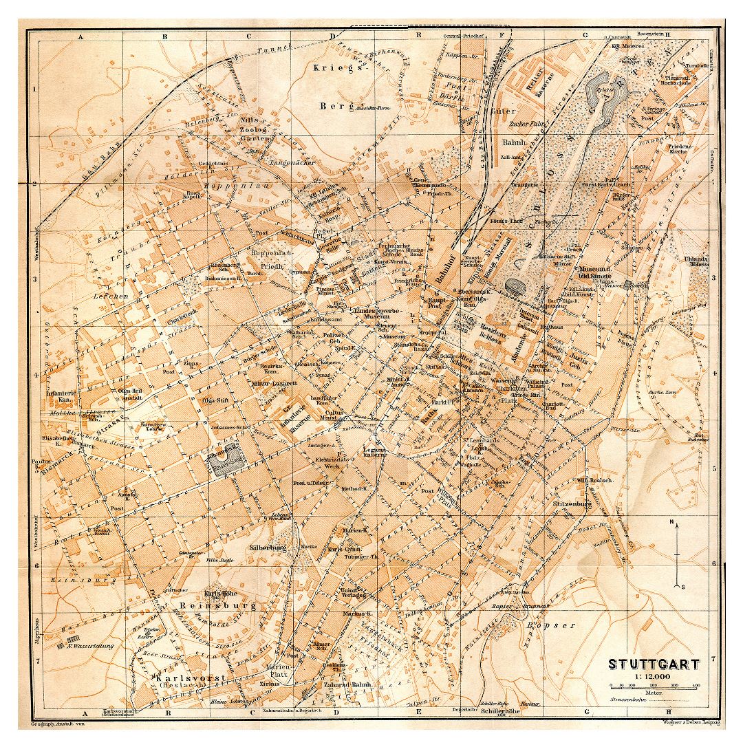 Большая старая карта города Штутгарта
