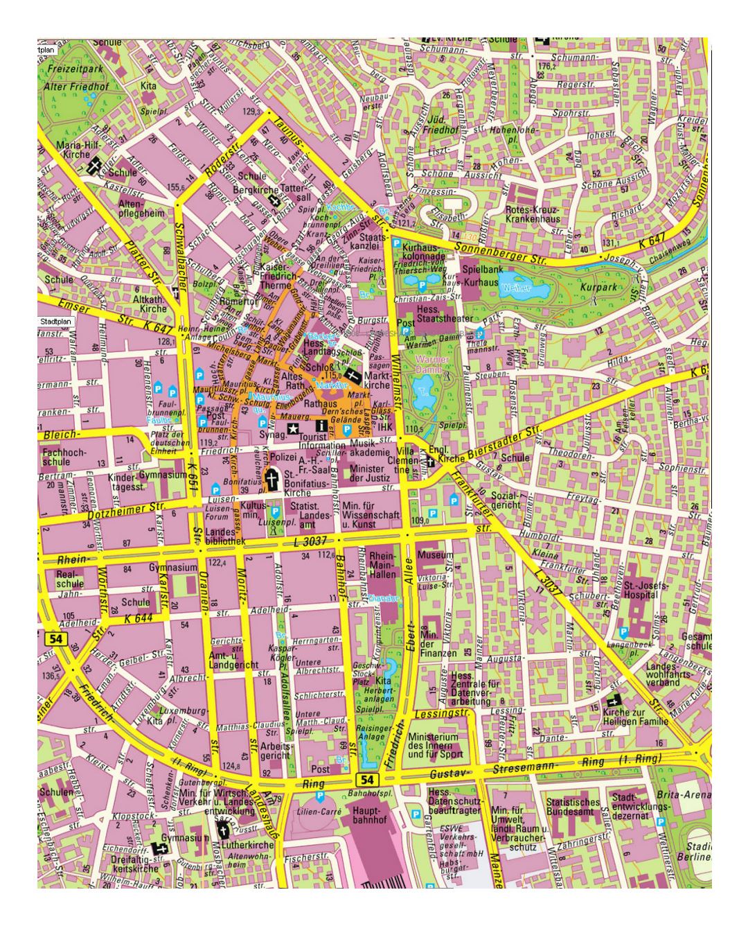 Детальная карта улиц центральной части Висбадена
