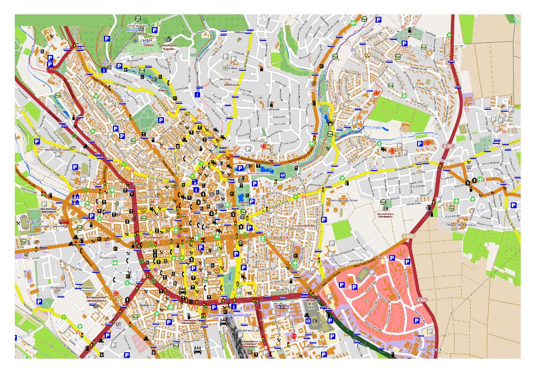 Большая детальная карта города Висбаден с другими пометками