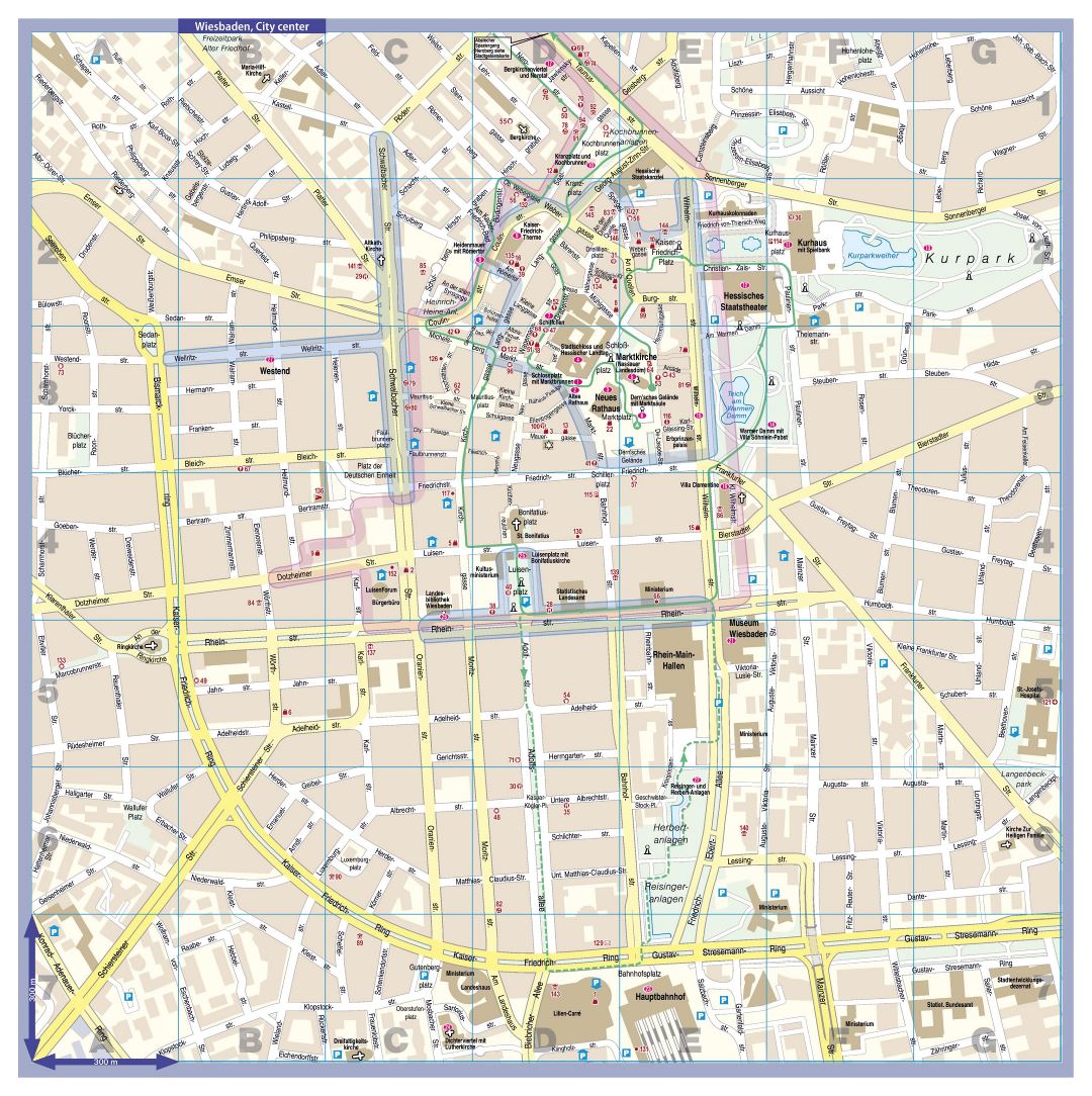 Большая детальная туристическая карта города Висбадена