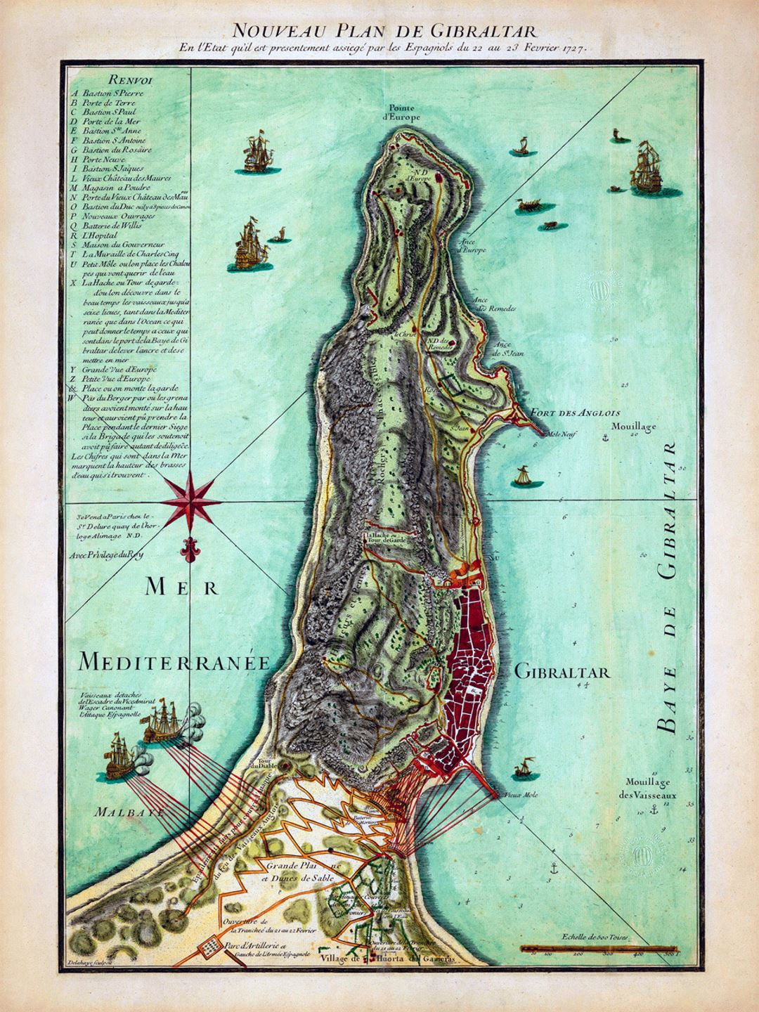 Детальная старая карта Гибралтара с рельефом - 1727