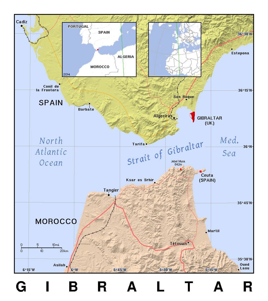 Детальная политическая карта Гибралтара с рельефом