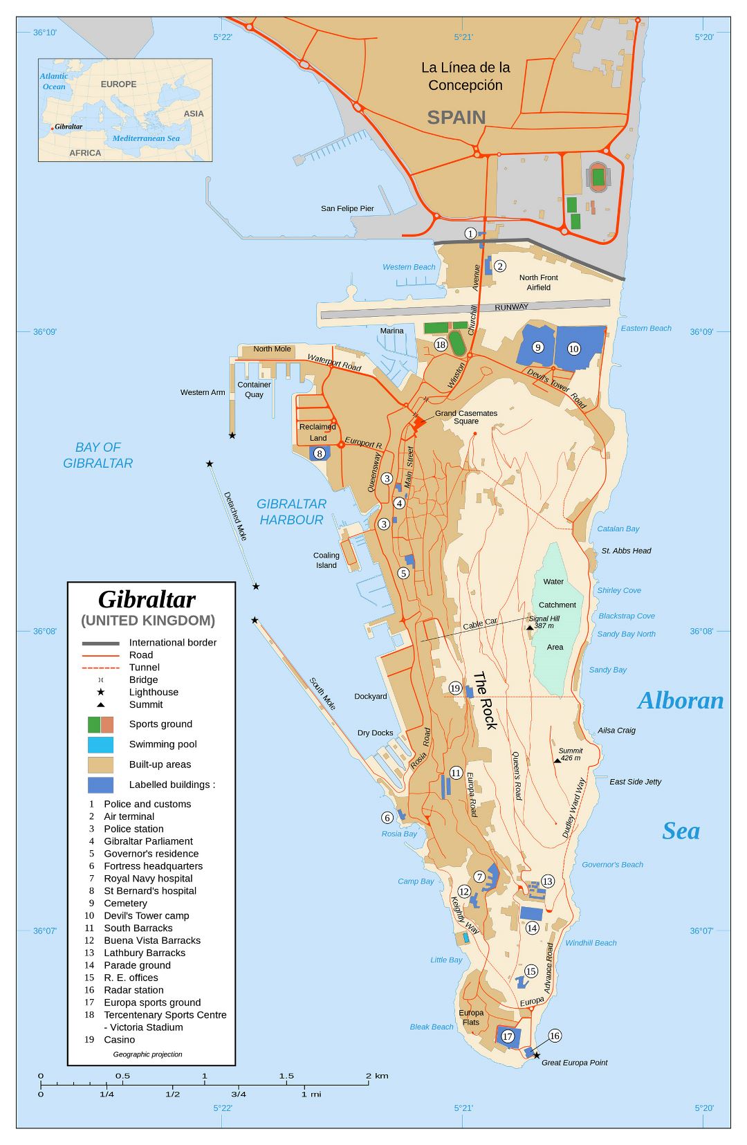 Большая детельная карта Гибралтара со зданиями