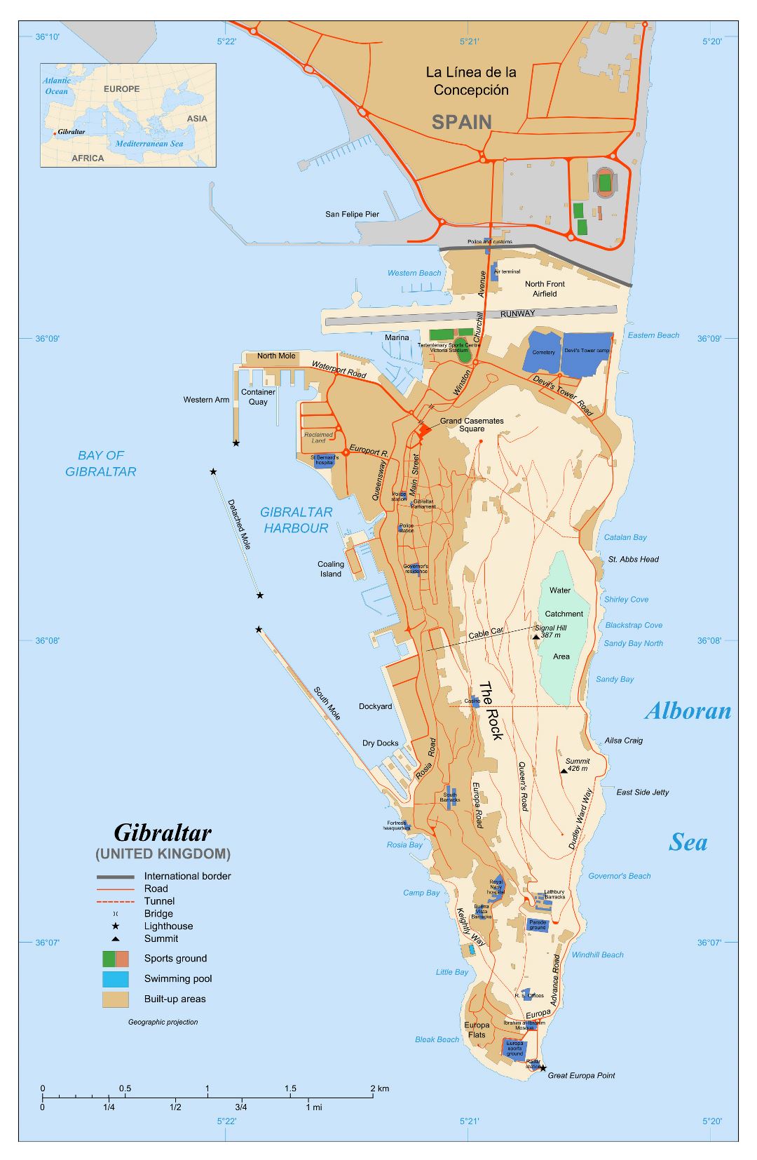 Большая детальная карта Гибралтара с дорогами