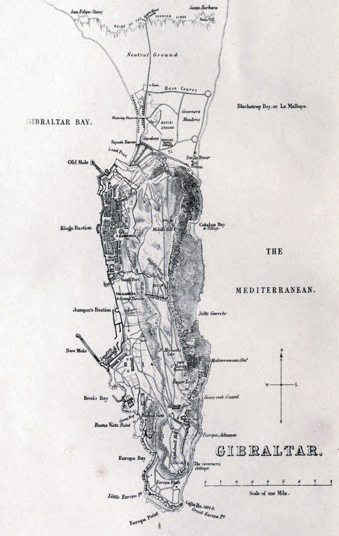 Большая детальная старая карта Гибралтара с рельефом - 1873