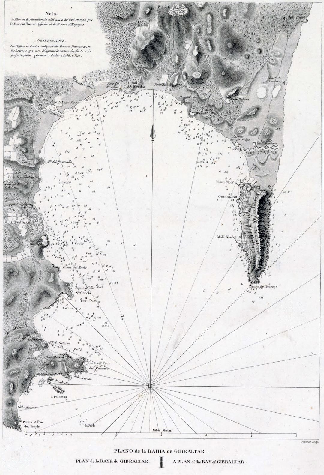 Большая старая карта Гибралтара с рельефом - 1786