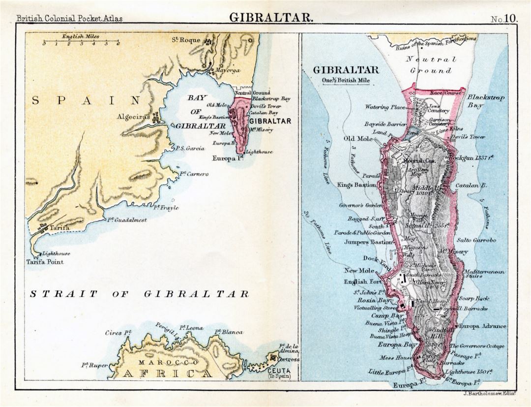 Большая старая карта Гибралтара с рельефом