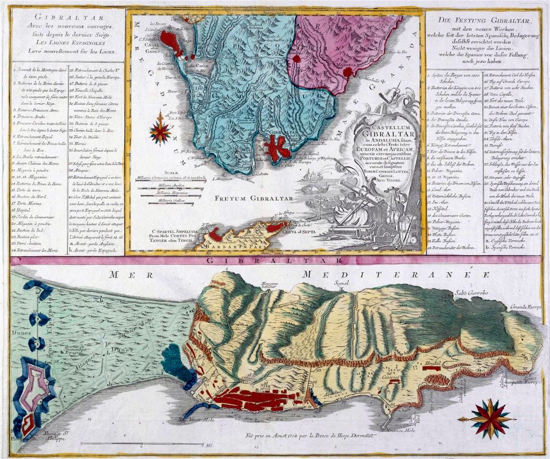 Большая старая панорамная карта Гибралтара - 1756
