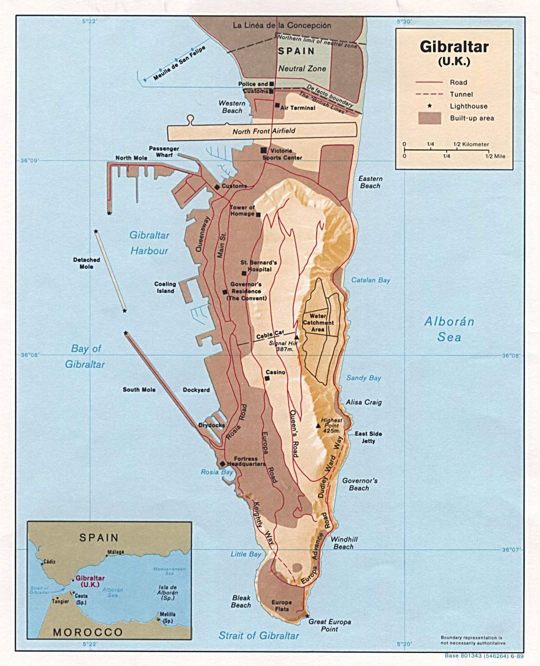 Большая политическая карта Гибралтара с рельефом - 1989
