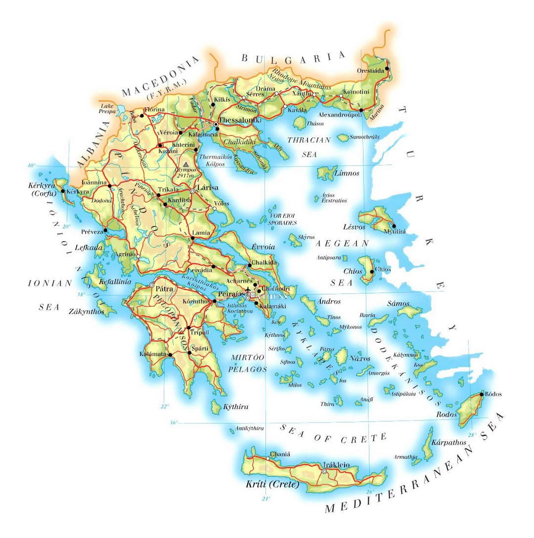 Детальная карта высот Греции с дорогами, городами и аэропортами