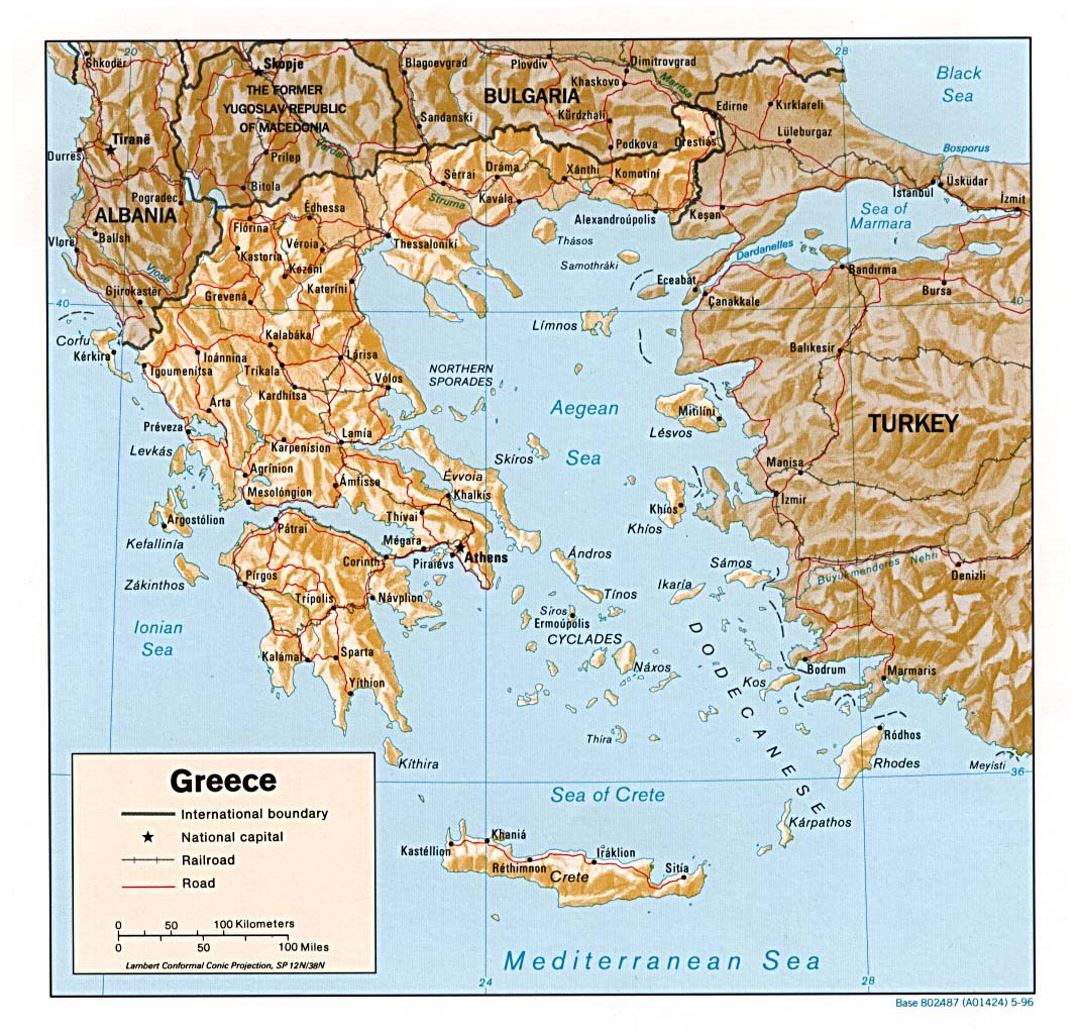 Детальная политическая карта Греции с рельефом, дорогами и крупными городами - 1996
