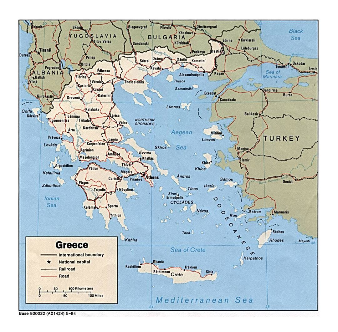 Детальная политическая карта Греции с дорогами и крупными городами - 1984