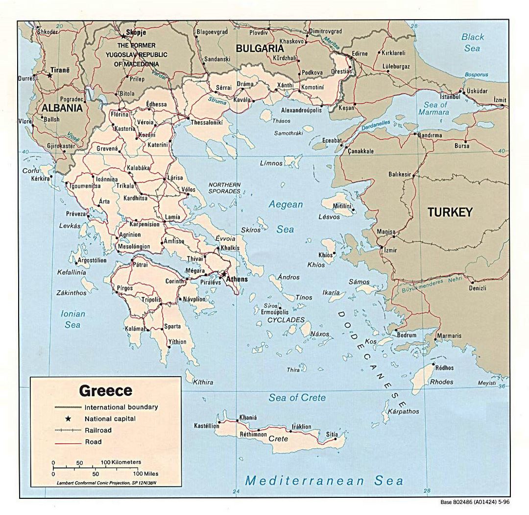 Детальная политическая карта Греции с дорогами и крупными городами - 1996