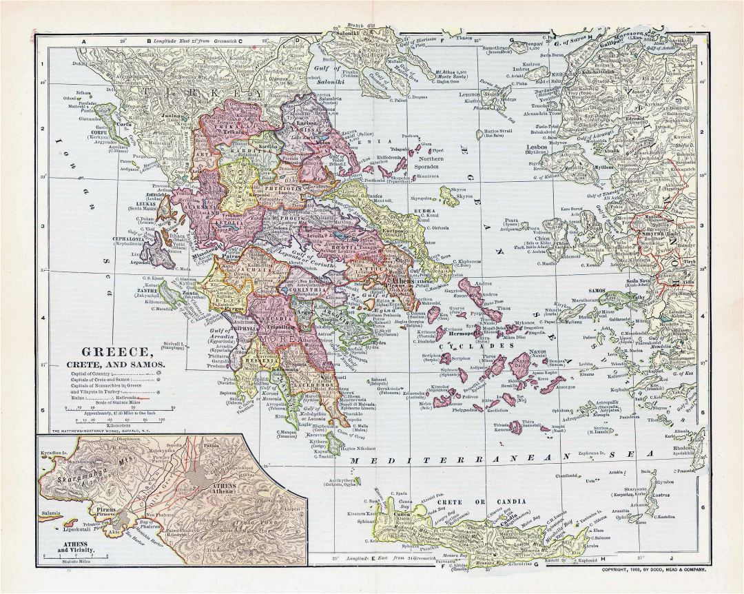 Большая детальная старая политическая и административная карта Греции - 1903