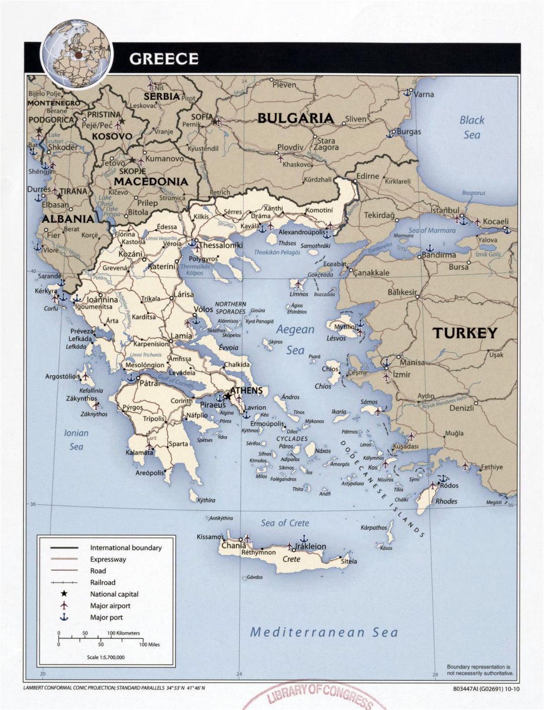 Большая детальная политическая карта Греции с дорогами, крупными городами, аэропортами и портами - 2010
