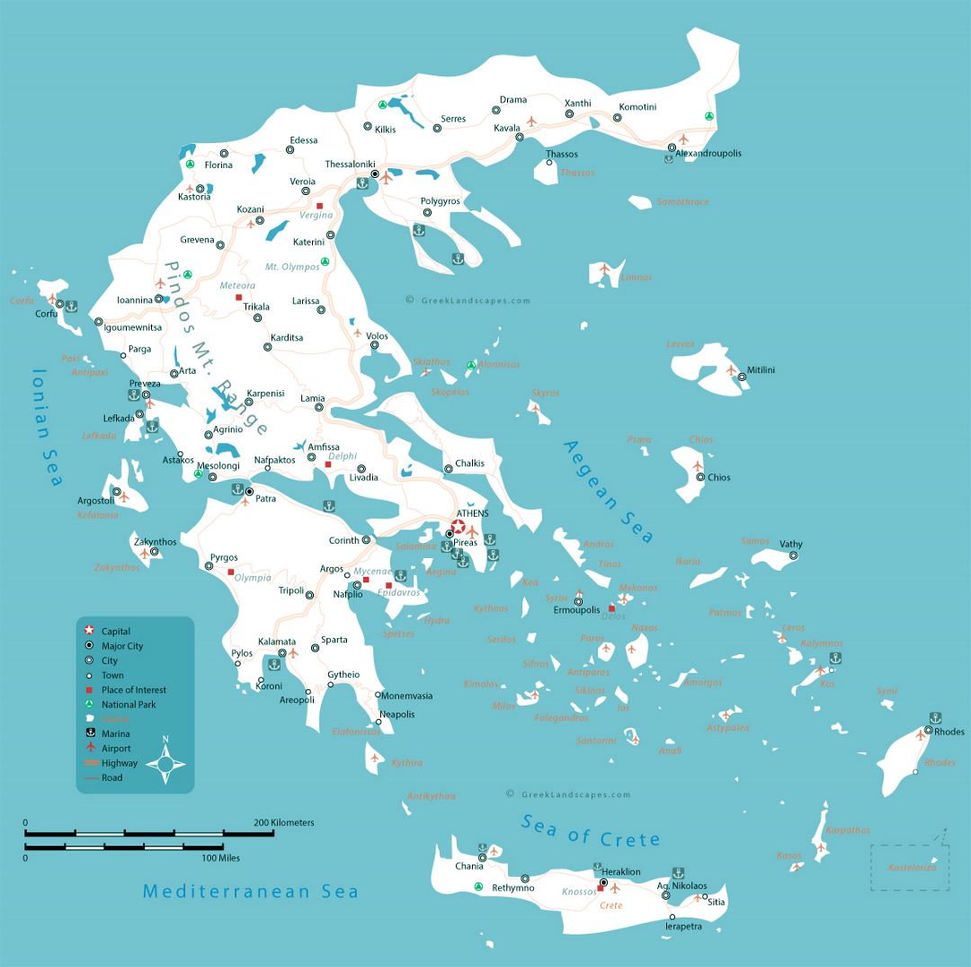 Большая карта Греции с дорогами, крупными городами, портами и аэропортами