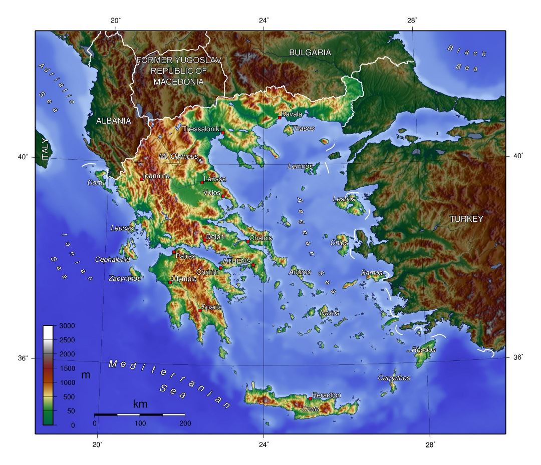 Большая физическая карта Греции