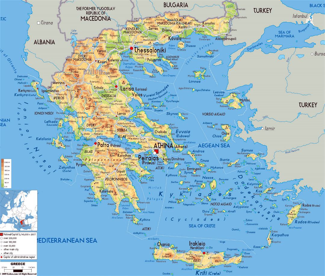 Большая физическая карта Греции с дорогами, городами и аэропортами
