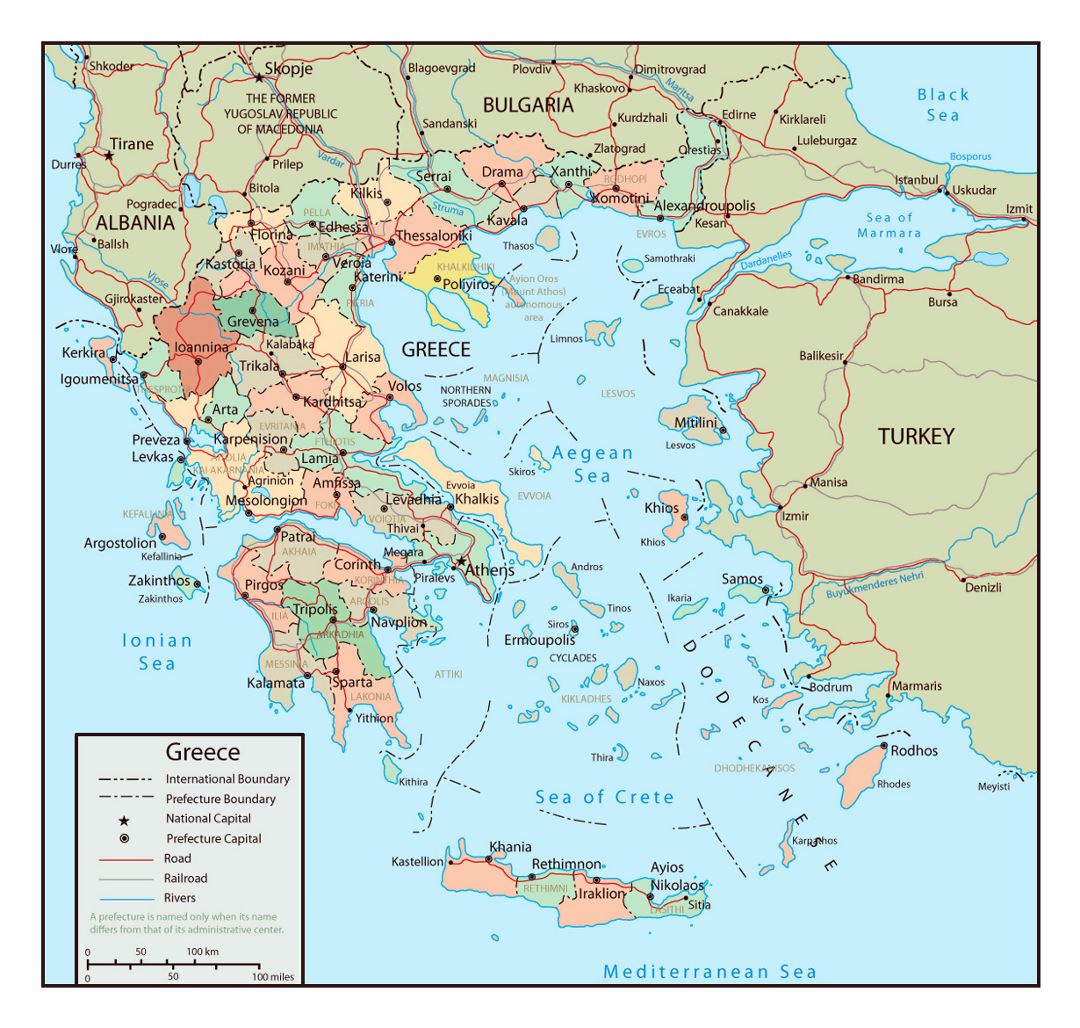 Большая политическая и административная карта Греции с дорогами и крупными городами