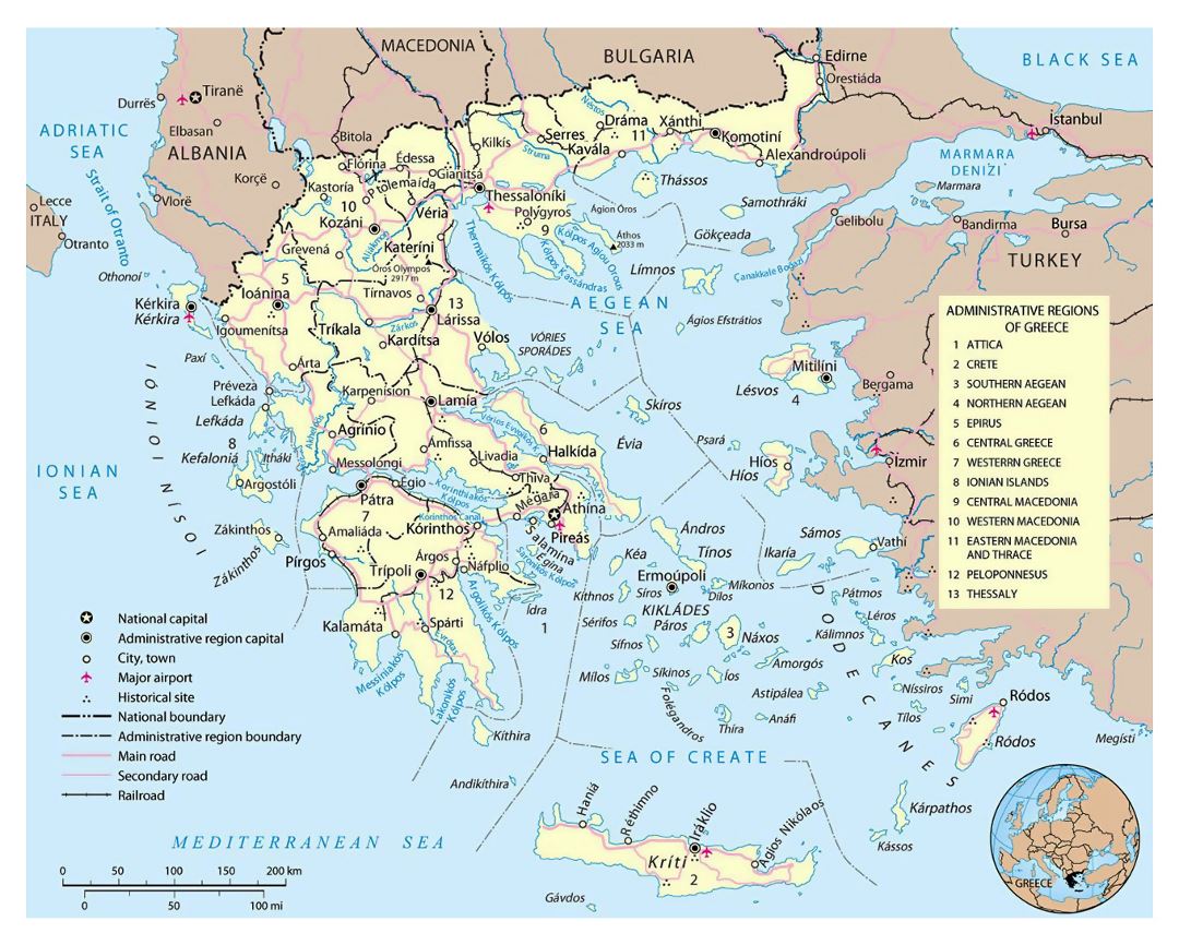 Большая политическая и административная карта Греции с дорогами, городами, аэропортами и другими пометками