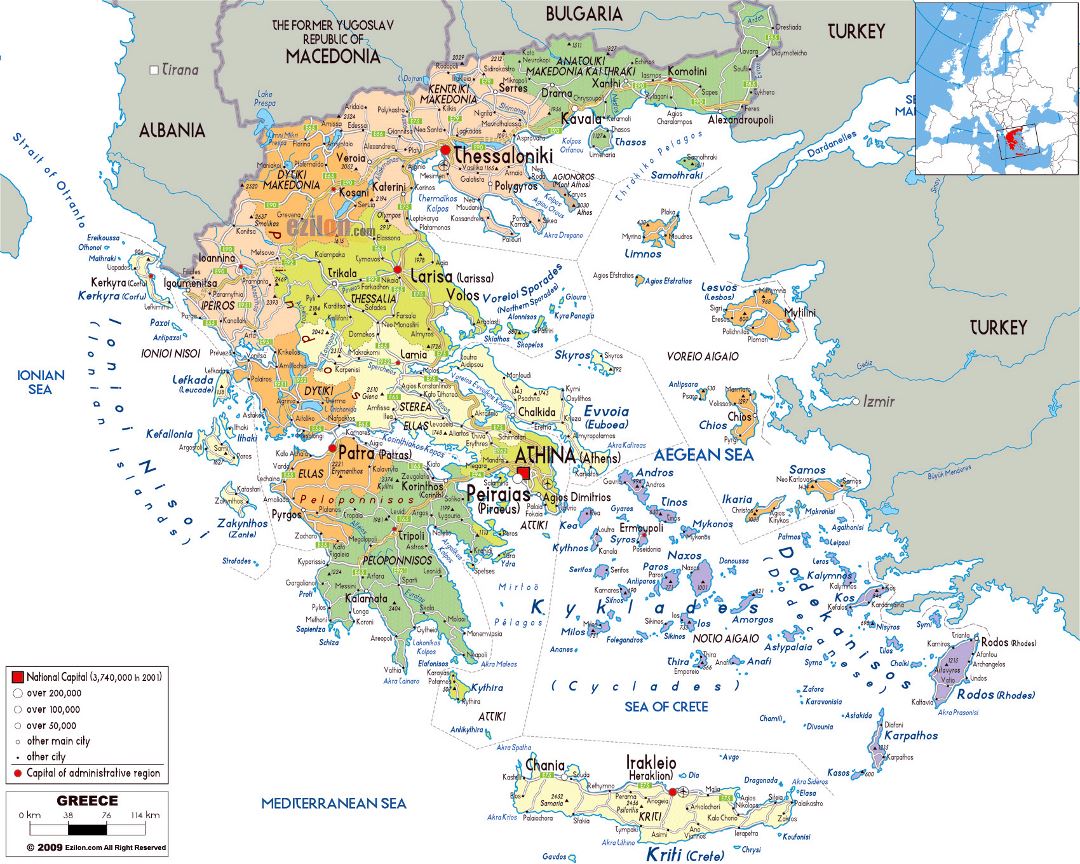 Большая политическая и административная карта Греции с дорогами, городами и аэропортами