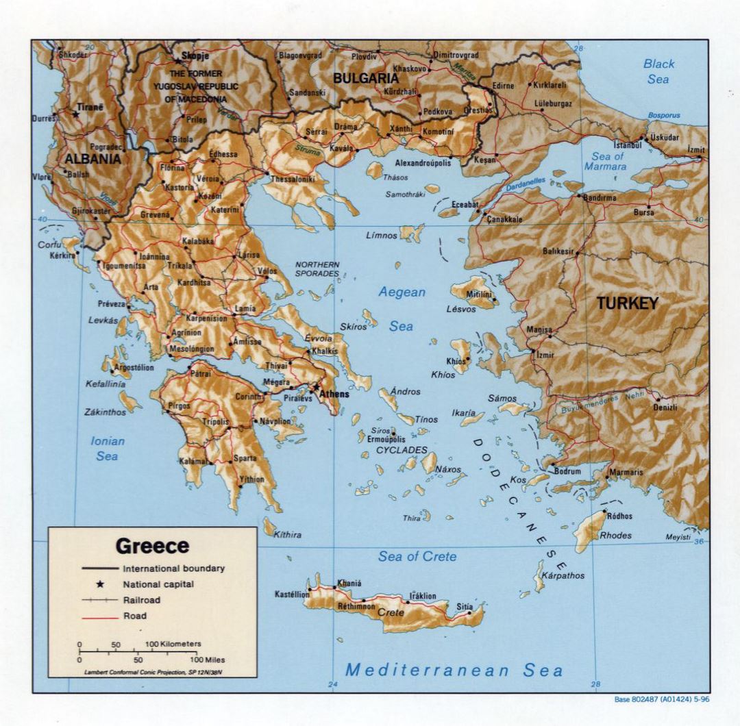 Большая политическая карта Греции с рельефом, дорогами и крупными городами - 1996