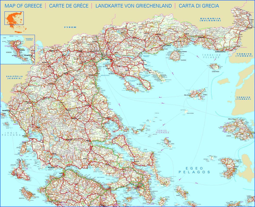 Большая карта дорог Греции со всеми городами