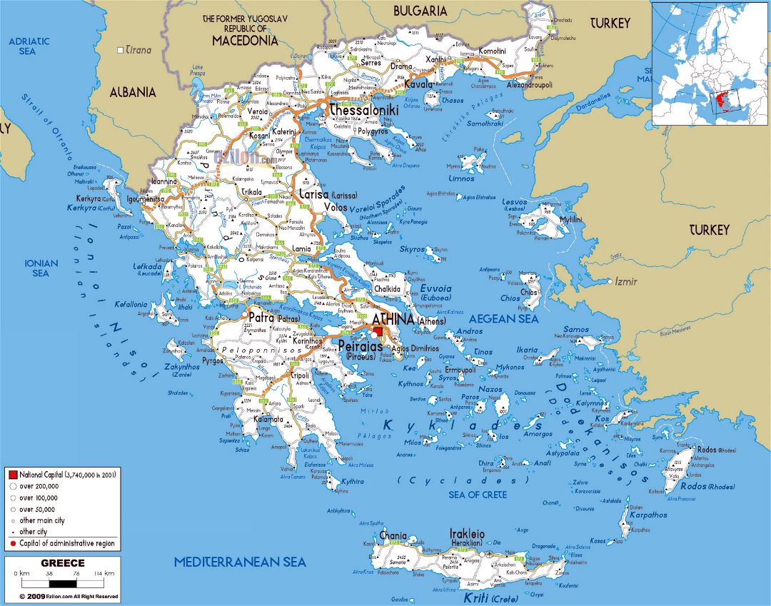 Большая карта дорог Греции с городами и аэропортами
