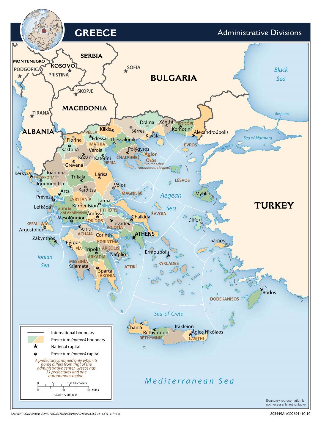 Крупномасштабная карта административных делений Греции - 2010
