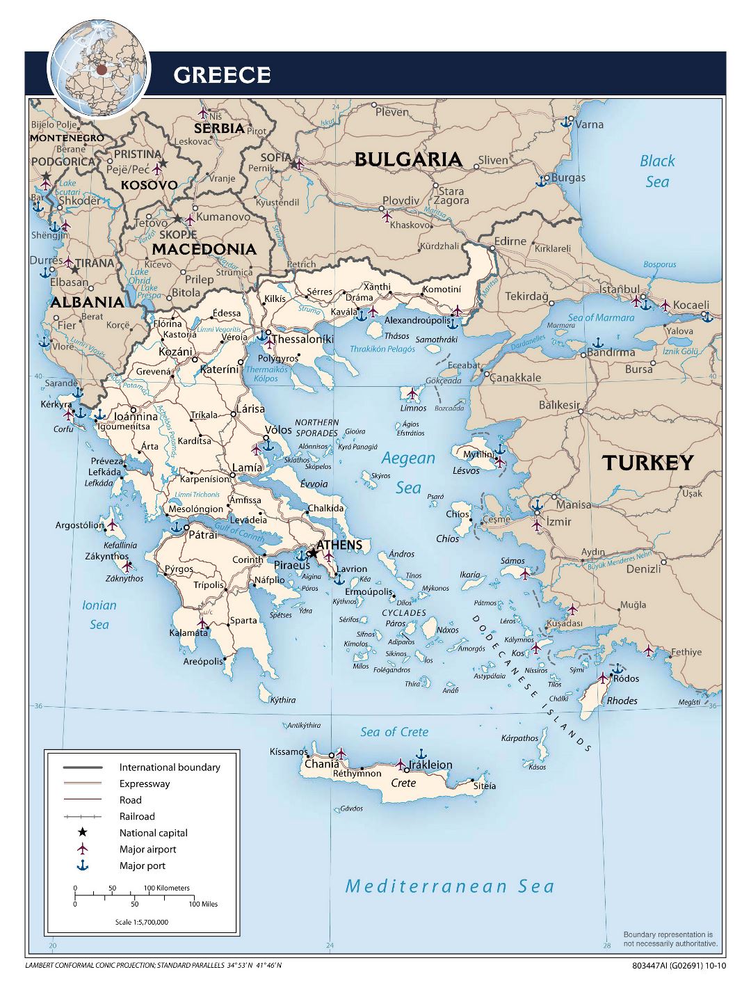 Крупномасштабная политическая карта Греции с дорогами, крупными городами, аэропортами и портами - 2010