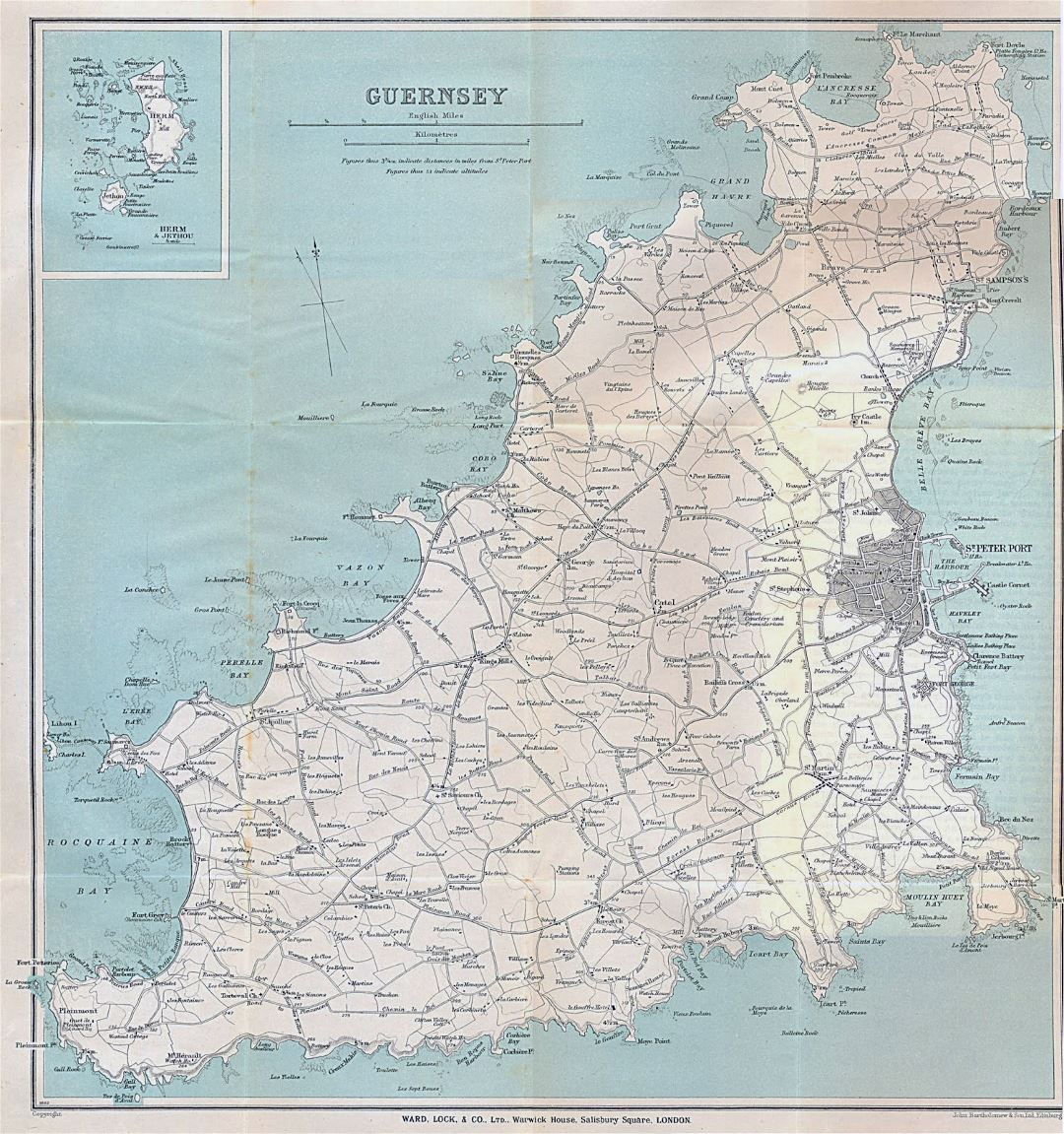 Большая детальная старая карта Гернси со всеми дорогами и городами - 1930