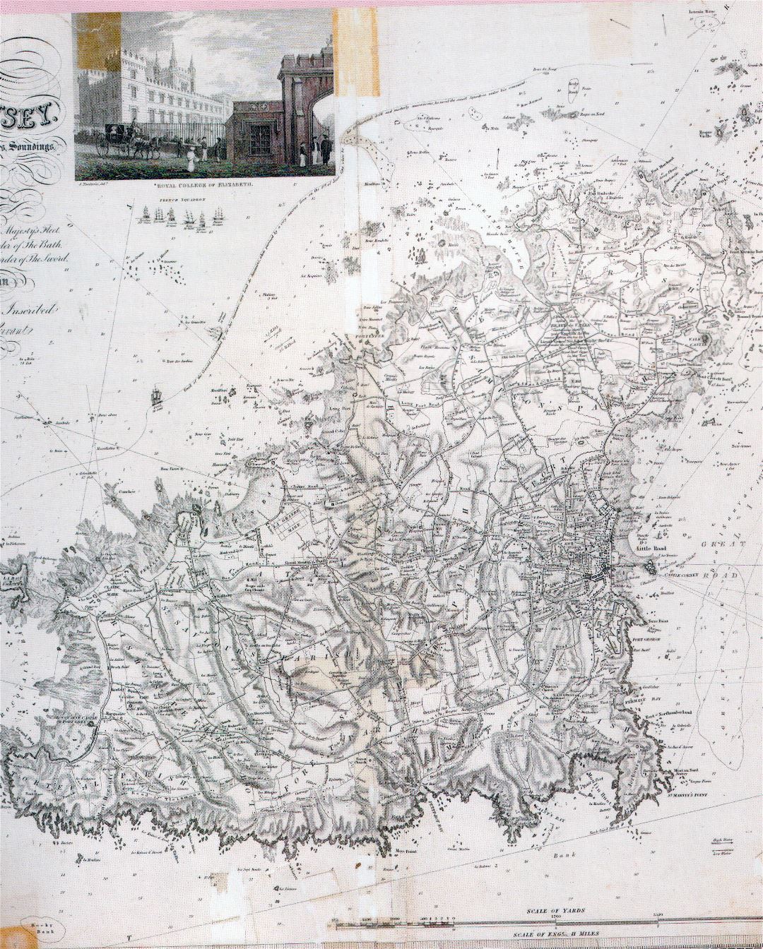 Большая детальная старая карта Гернси с дорогами, городами и рельефом - 1835