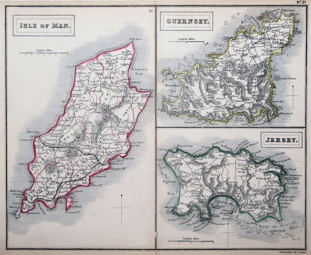 Большая детальная старая карта острова Мэн, Гернси и Джерси