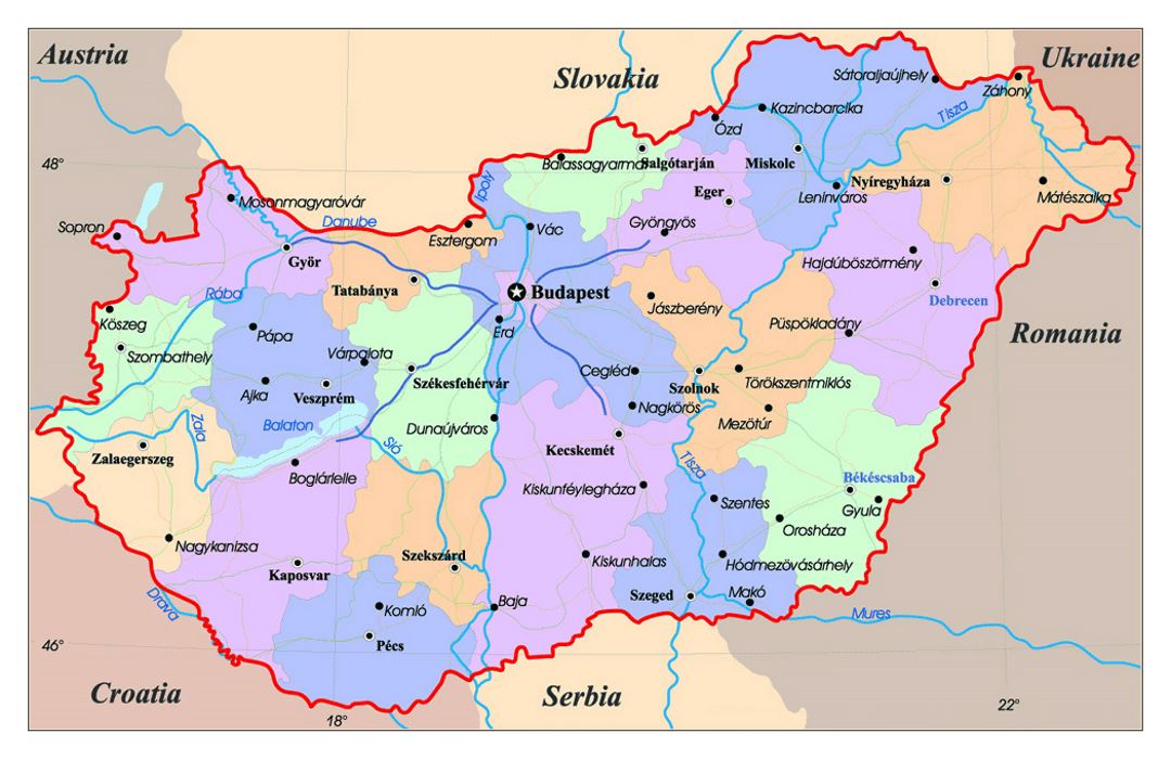 Административная карта Венгрии с крупными городами