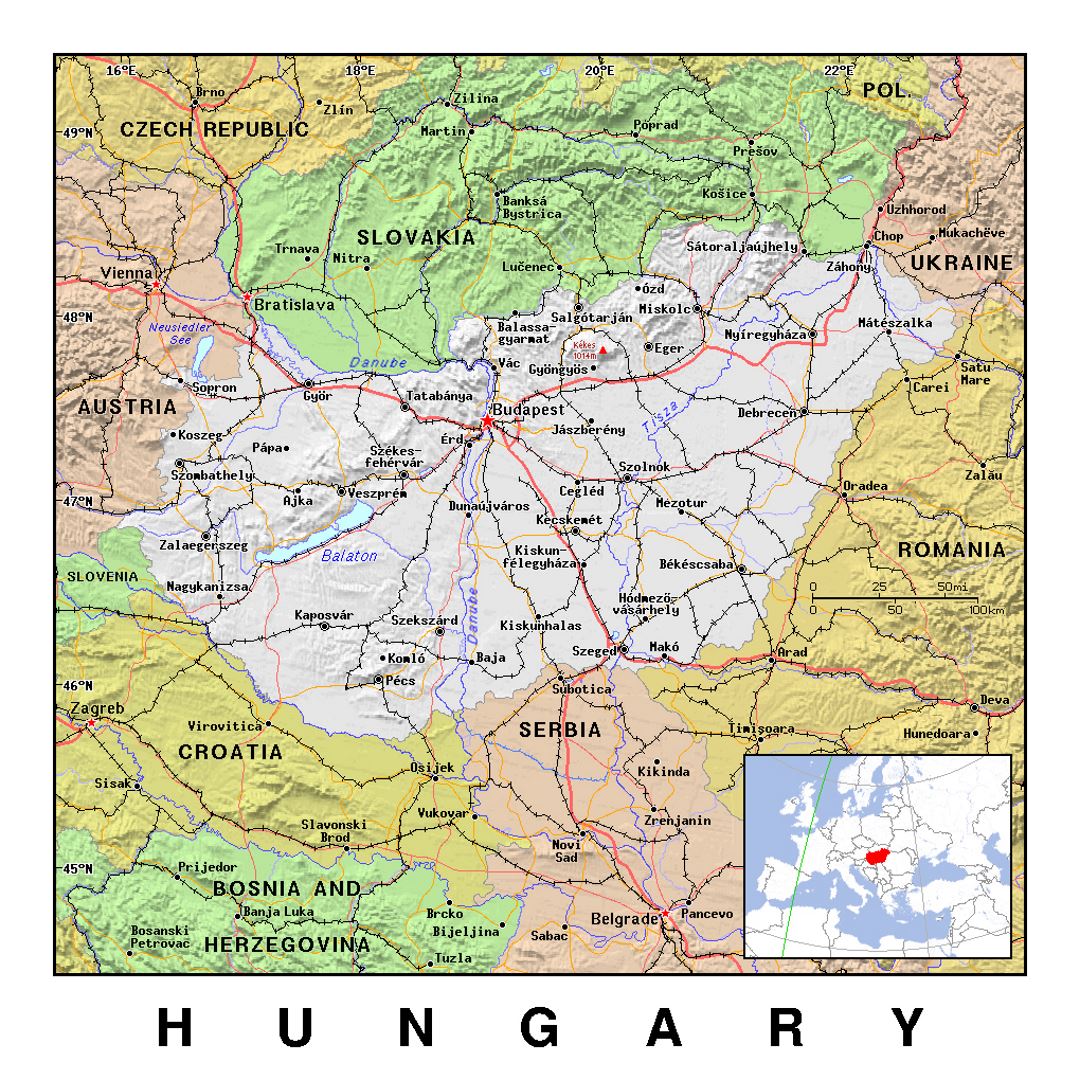 Детальная политическая карта Венгрии с рельефом