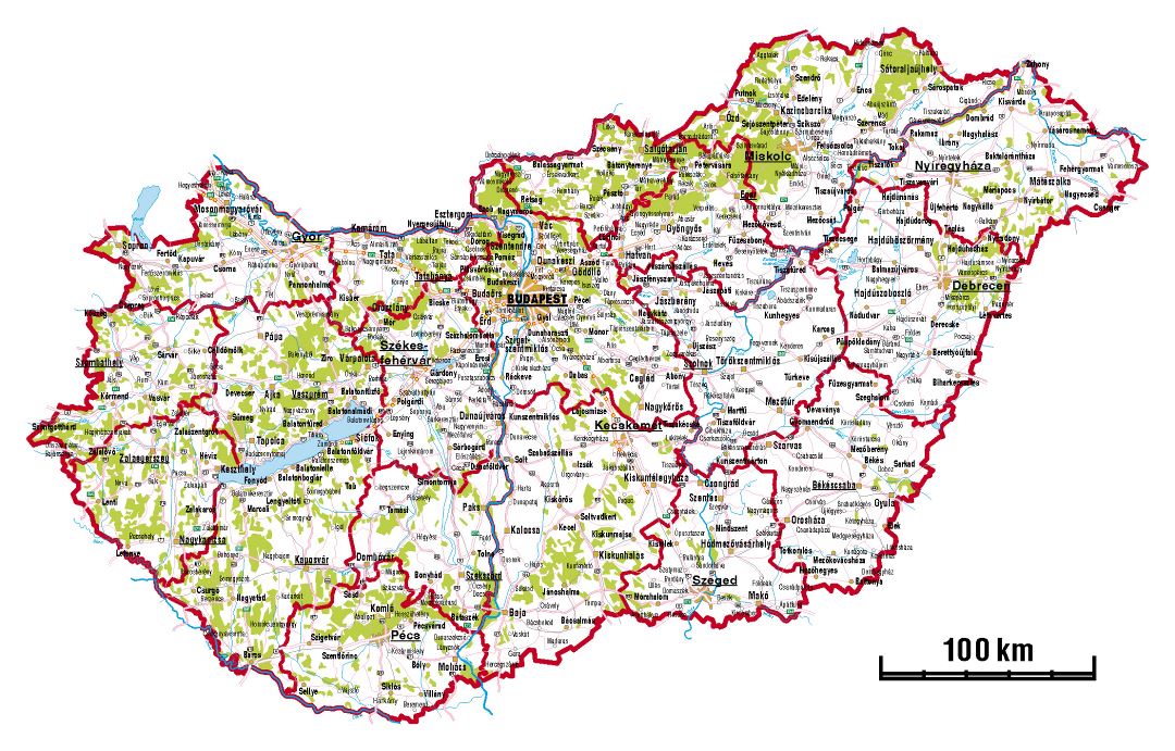 Большая административная карта Венгрии с дорогами и городами