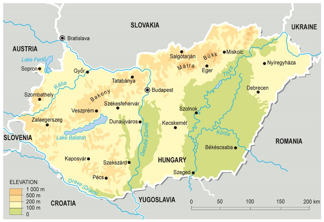 Большая детальная карта высот Венгрии